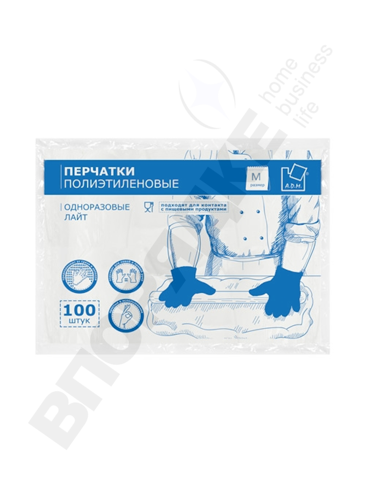 Перчатки ПНД "A.D.M." (лайт) М 100шт/уп