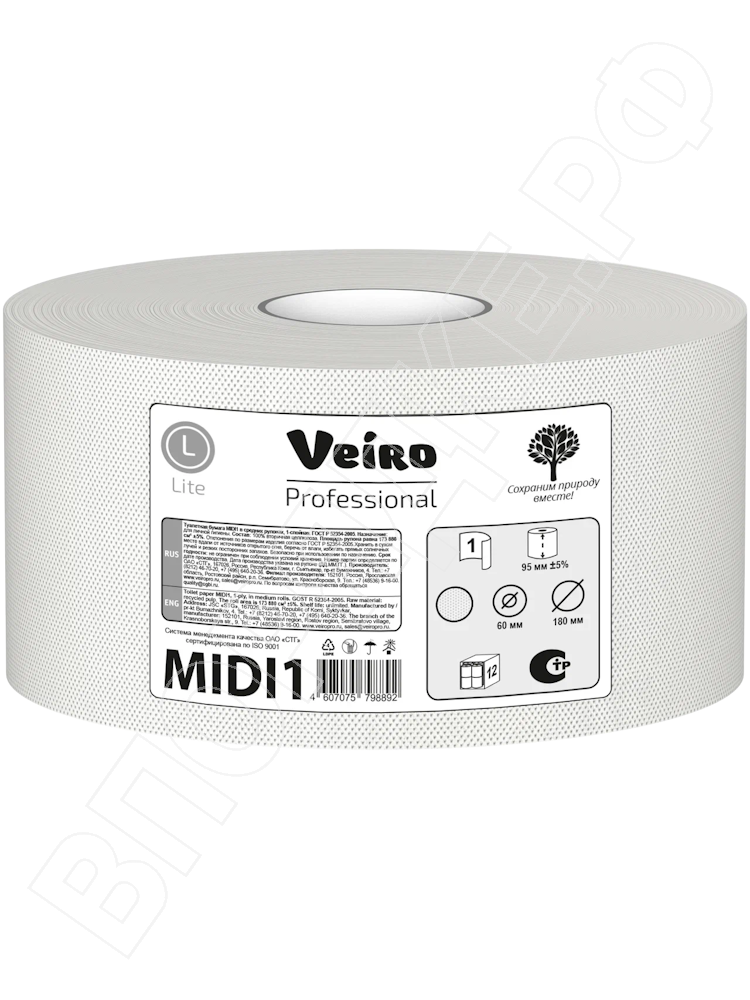 Туал.бум."Veiro" MIDI1 180 метров 1 сл. 1рулон