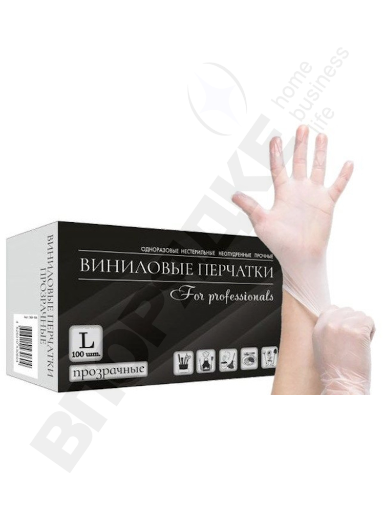 Виниловые перчатки "For professionals" прозрачные L 100 шт/уп