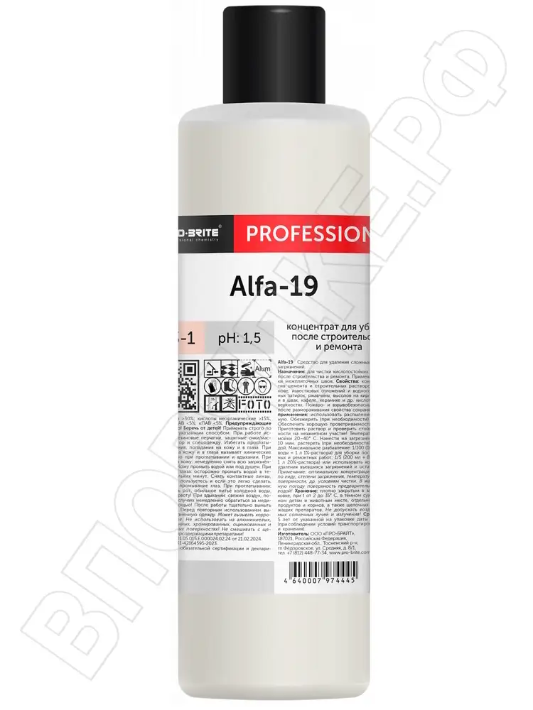 Pro brite Alfa-19 Концентрат д/уборки после стройки и ремонта 1л